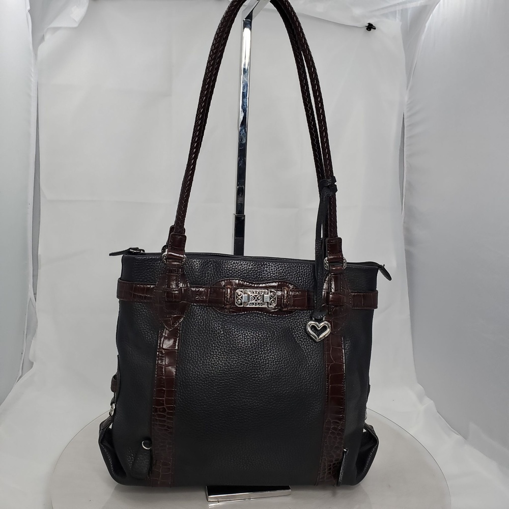 Vintage Y2K Brighton Heloise Black Pebbled Leather Tote Shoulder Bag Croc Heart